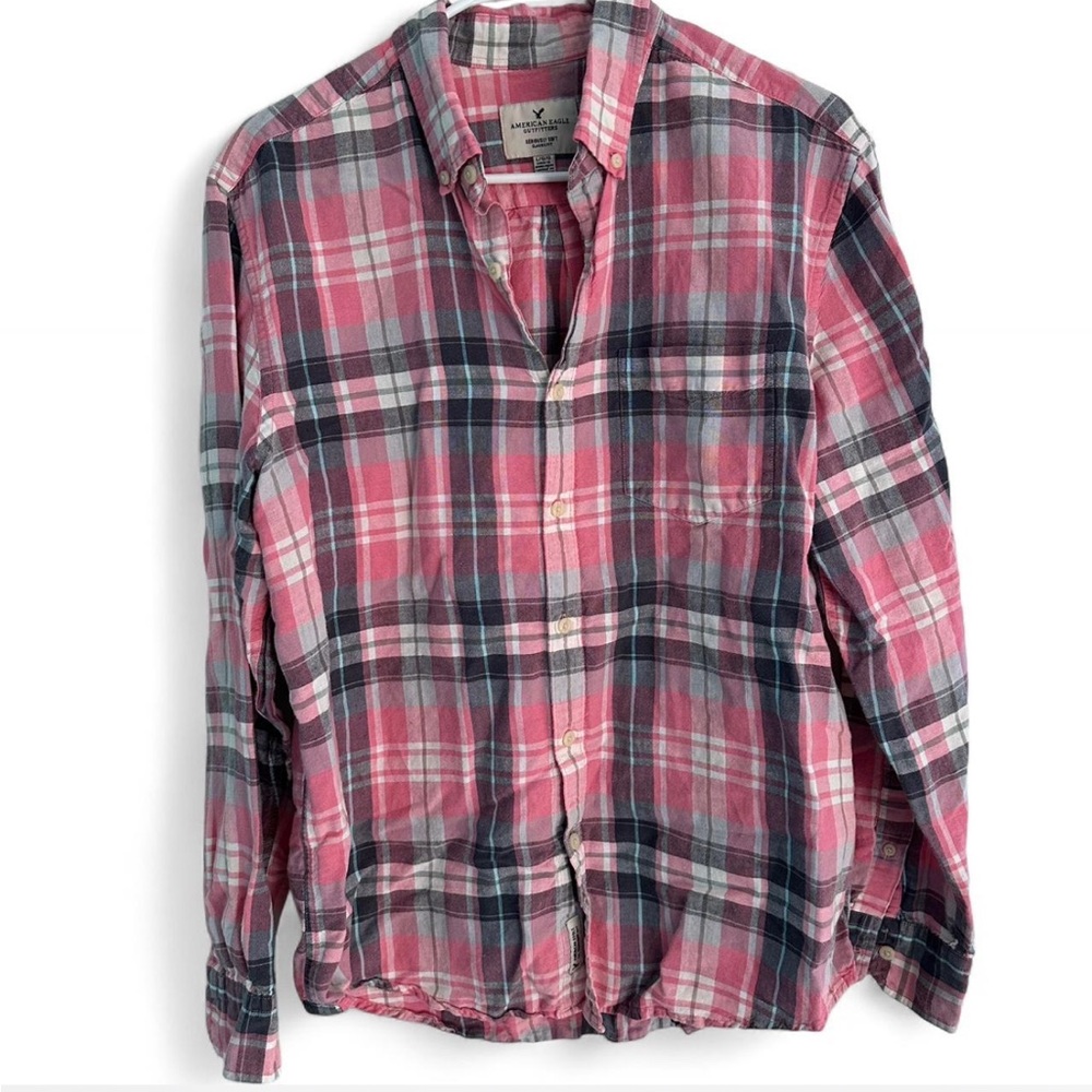 American Eagle Outfitters Pink and Gray Plaid Shirt